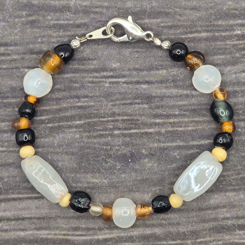 Handcrafted Multi Color Glass Bead Bracelet White Black Amber Silver Tone Clasp‎